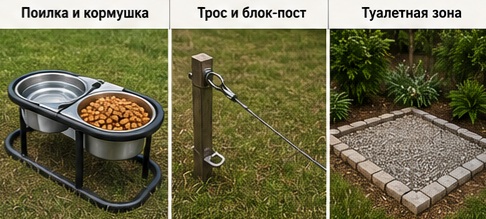 место для собаки на участке с будкой кормушкой и поилкой