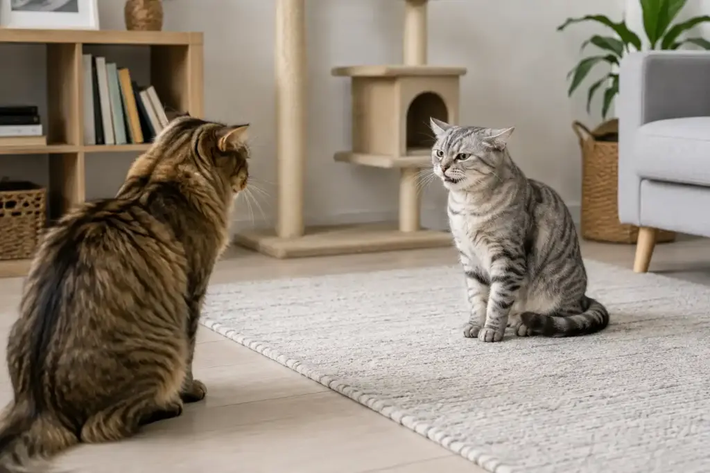 кошка фыркает на другого питомца из-за стресса